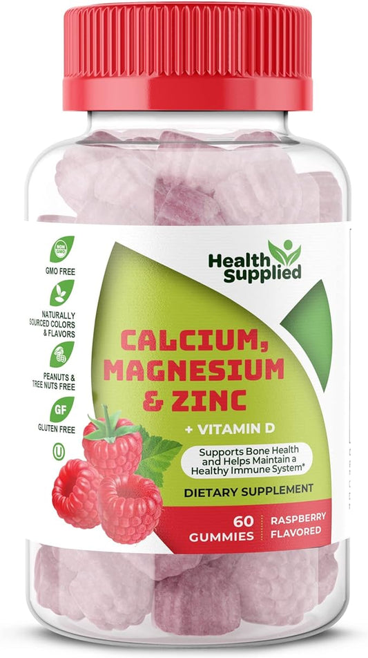 Calcium Magnesium & Zinc + Vitamin D Gummies | Bone Health Immune Health Energy and Muscle Function | Daily Dietary Vitamin Supplement | for Adults, Teens | Fruity Raspberry Flavor