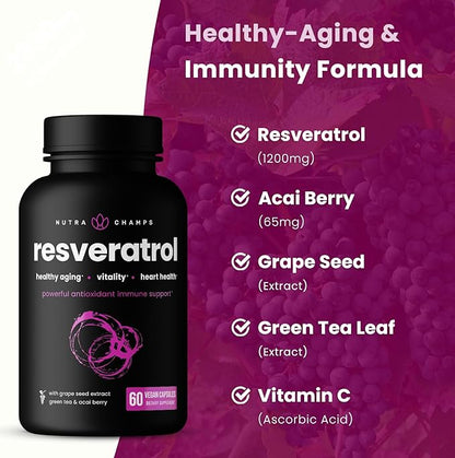 Resveratrol Supplement | Extra Strength Formula for Healthy Aging, Immune Support & Heart Health | 60 Vegan Capsules with Trans-Resveratrol, Green Tea Leaf, Acai Berry & Grape Seed Extract