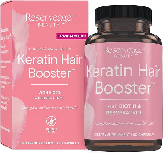 Reserveage Keratin Hair Booster with Biotin - Keratin Supplement with Biotin & Resveratrol - Supports Hair Growth & Nail Health - 60 Capsules