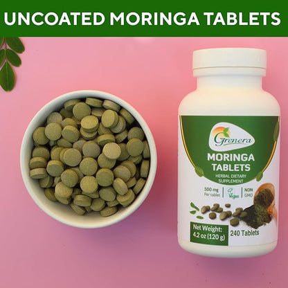 Grenera Moringa Tablets 240 nos, Uncoated Malunggay Herbal Supplement, No Chemical Coating, Green Superfood, Lab Tested for Purity