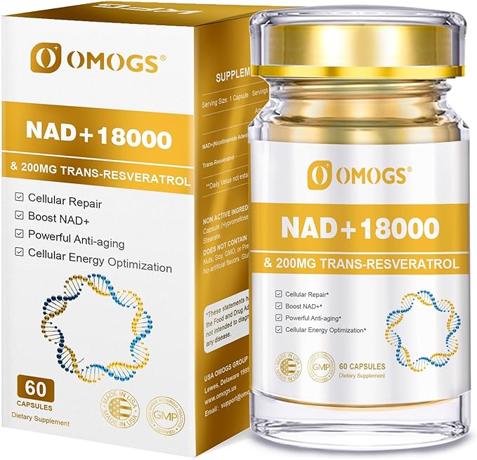 NAD+ 300 mg + Trans-Resveratrol 200 mg, Pure NAD Supplement, Max Absorption, Boosting Supplement for DNA Repair, Healthy Aging, Cellular Energy & Longevity, 60 Capsules