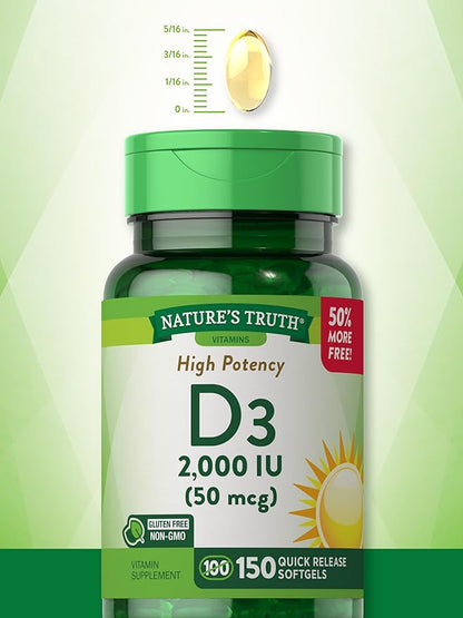 Vitamin D3 2000 IU | 150 Softgels | High Potency | Non-GMO and Gluten Free Supplement | by Nature's Truth