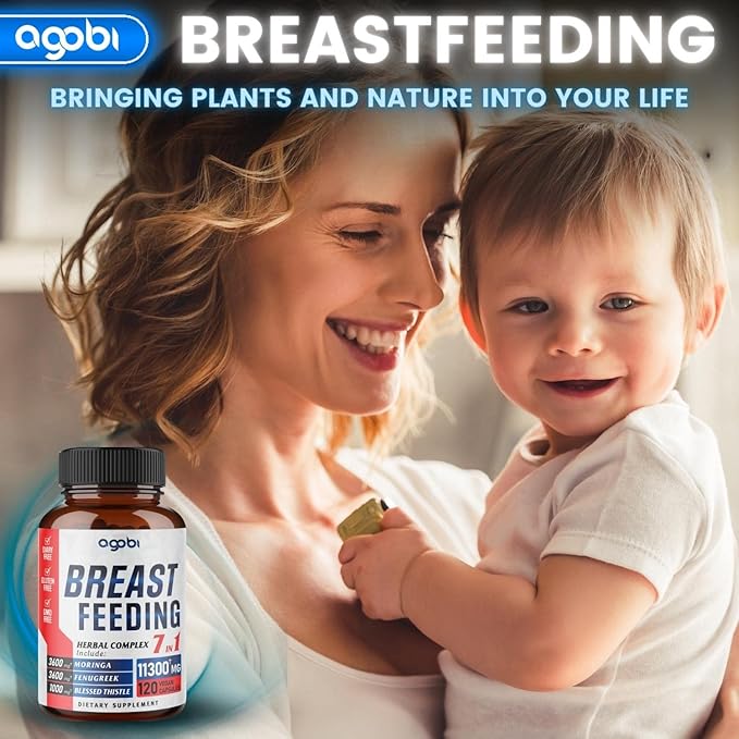 agobi Herbal Breastfeeding Supplements 11300mg Equivalent - 7in1 Blended Moringa Leaf, Fenugreek, Blessed Thistle & More for Women's Milk Encouragement 120 Vegan Capsules for 2 Months