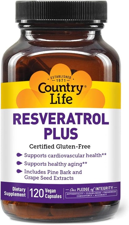 Country Life Resveratrol Plus, Supports Cardiovascular Health, 120 Vegan Capsules, Certified Gluten Free, Certified Vegan, Non-GMO Verified