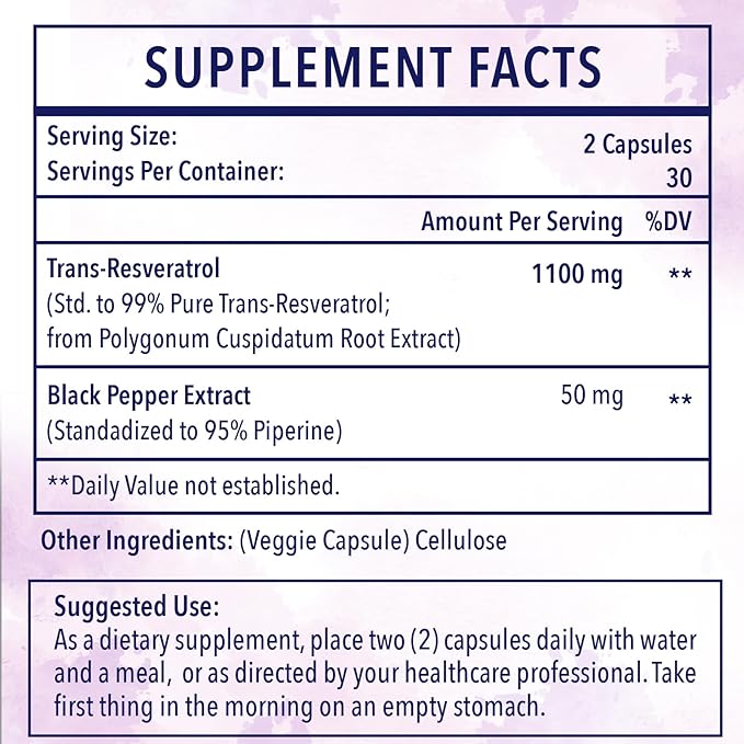 Ultra High Purity Resveratrol, 1100mg Trans-resveratrol Supplement, for Aging, Immune System & Overall Health, 120 Capsule(Pack of 2)