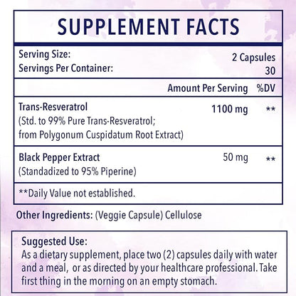 Ultra High Purity Resveratrol, 1100mg Trans-resveratrol Supplement, for Aging, Immune System & Overall Health, 120 Capsule(Pack of 2)