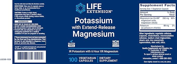 Life Extension 99mg Potassium with Extend-Release Magnesium 250mg, 100 Veg Caps - Gluten-Free – Non-GMO – Vegetarian Supplement for Men and Women - Dual-Action Mineral Formula