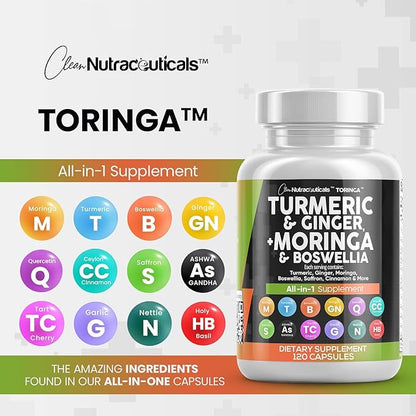 Turmeric Curcumin 30000mg Ginger 3000mg Moringa 50000mg Boswellia 3000mg Saffron 2000mg - Joint Support Supplement for Women and Men with Ceylon Cinnamon, Quercetin, Tart Cherry - 120 Caps