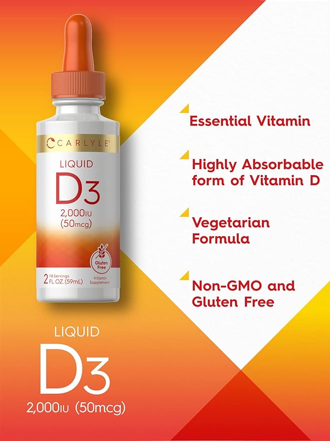 Carlyle Liquid Vitamin D3 | 2000 IU | 2 oz | Vegetarian, Non-GMO, and Gluten Free Formula | 50mcg | Vitamin D Liquid Drops for Adults