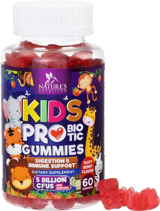 Probiotic for Kids Gummies - 5 Billion CFU with Lactobacillus & Bifidobacterium - Nature's Kids Probiotics Gummy - Digestive Health & Immune Support, Berry Flavor, Gluten & Dairy Free - 60 Gummies