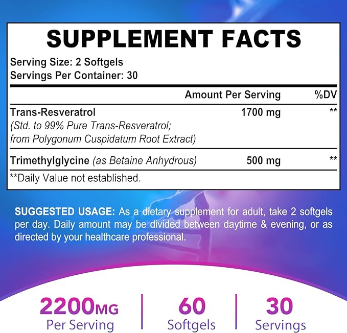 Liposomal 2200mg High Dose Softgel, Trans-Resveratrol 1700mg + TMG 500mg, Powerful Antioxidant for Anti-Aging, Skin Health, Cell Repair, NAD+ Level, Energy & Immune and Overall Health - 60 Softgels