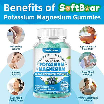 Potassium Gummies for Adults, High Absorption Potassium Magnesium Supplement with Vitamin B6 CoQ10 for Leg Cramps & Muscle Health Sugar-Free Vegan Blueberry Flavor 60 Gummies