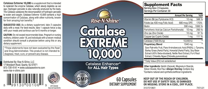 Catalase Extreme Supplement 10,000 with Saw Palmetto, Biotin, Fo-Ti, PABA - Hair Supplements for Strong Hair - 60 Capsules