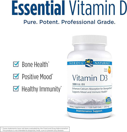 Nordic Naturals Pro Vitamin D3 1000, Orange - 120 Mini Soft Gels - 1000 IU Vitamin D3 - Supports Healthy Bones, Mood & Immune System Function - Non-GMO - 120 Servings