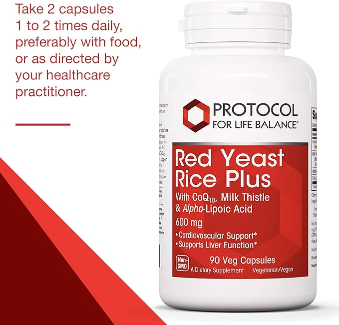 Protocol Red Yeast Rice Plus 600mg - ALA, CoQ10, Milk Thistle - Heart, Liver - 90 Veg Caps