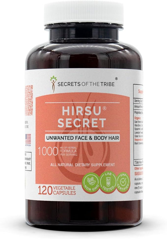 Hirsu Secret 120 Capsules, 1000 mg, Saw Palmetto, Black Cohosh, Vitex, Spearmint, Lavender, Green Tea. Unwanted Face & Body Hair (120 Capsules)