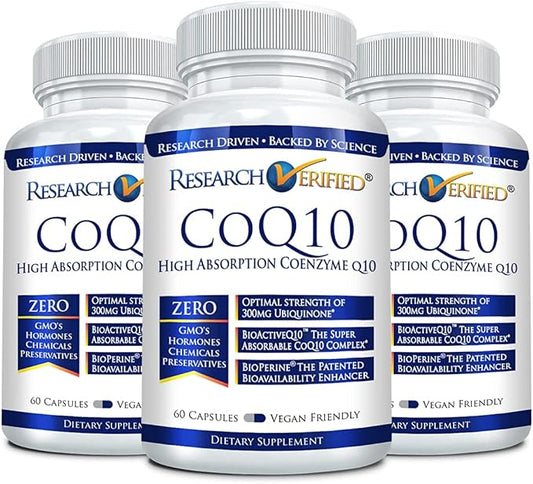 Research Verified CoQ10-100% Pure Extra Strength 300mg CoQ10 – Improved Absorption and Bioavailability with Bioperine - Boost Antioxidant Levels, Improve Cardiovascular Health, 180 Vegan Capsules