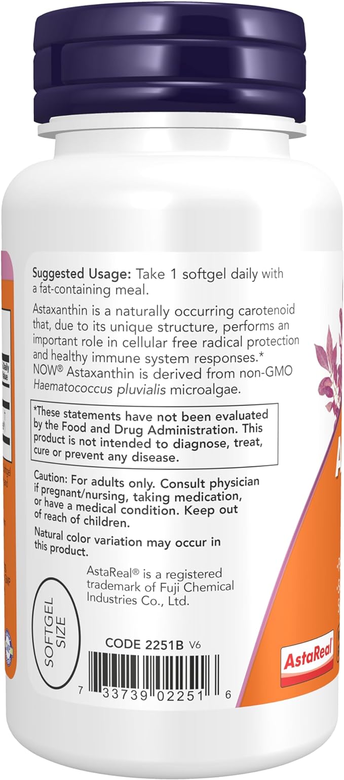 NOW Supplements, Astaxanthin 10mg, Extra Strength,derived from Non-GMO Haematococcus Pluvialis Microalgae and has naturally occurring Lutein, Canthaxanthin and Beta-Carotene, 60 Softgels