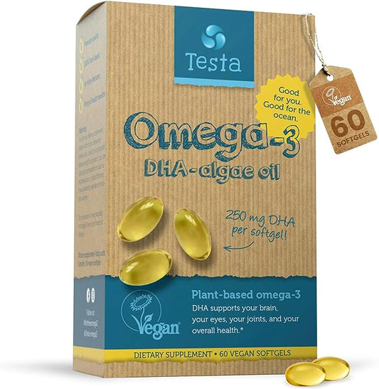 Testa Omega 3 Supplement - 250mg DHA from Algae Oil - Vegan Omega 3 - Supports Brain, Eye & Joint Health - Not from Fish, Pure Algae Capsules - Two Months Supply