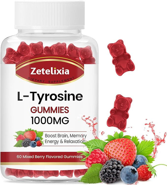 L Tyrosine Gummies 1000mg,L-Theanine Supplement Gummy 200mg,Sugar Free L-Tyrosine with Vitamin B6 Energy Supplements for Adults & Kids - Vegan(60 Count)