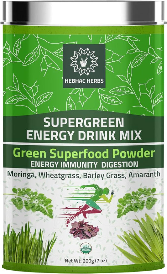 Organic Super Green Energy Drink Mix 200g (7 oz) Moringa Powder, Wheat Grass Powder, Barley Grass Powder, Amaranth Powder, Greens Superfood Detox Powder, Natural Energy Drink Mix 200g