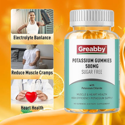 Potassium Gummies 500mg for Adults, 60 Servings, Sugar-Free Potassium Chloride Gummies, Heart Health & Muscle Relief for Women Men, Electrolyte Balance Boost, Efficient Potassium Supply