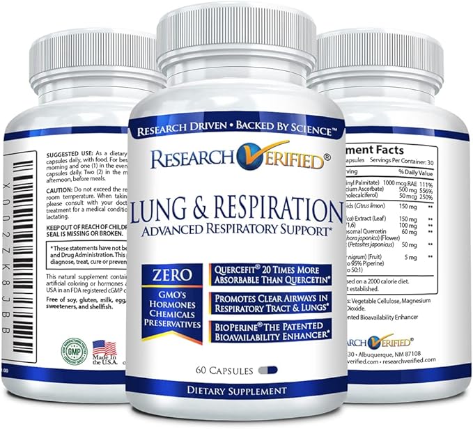 Research Verified Lung and Respiration - Seasonal Allergy and Sinus Support - Vitamin A, C & D, Quercetin, Nettle Leaf Extract - 180 Capsules - Made in The USA