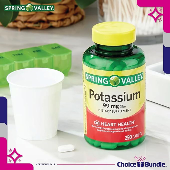 Spring Valley Potassium Heart Health Dietary Supplement Caplets 99 mg 250 CT 2 pk Choice Bundle (500 Total) + “Vitamin Vitality” Guide & Keychain Pill Container (4 Items)!