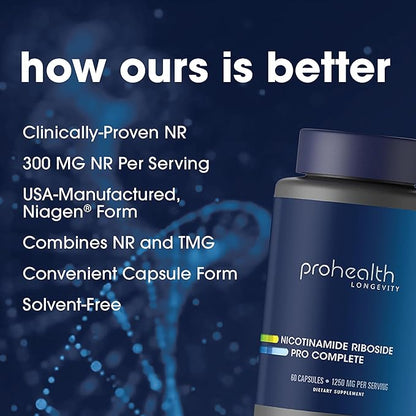 ProHealth Nicotinamide Riboside Pro Complete NAD Supplement. 500mg Patented Niagen NR (The Active Ingredient in NMN), Plus 250mg TMG, Plus 500mg Trans-Resveratrol. Equal to 690mg of NMN. 30 Servings