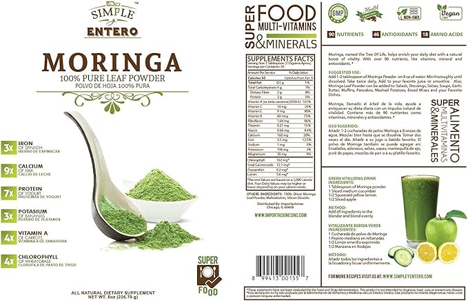 Moringa, 100% Pure Leaf Powder, Vegan, Non-GMO, 8 Oz, Bag