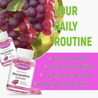 Sugar Free Resveratrol Gummies 1500mg - High Purity Resveratrol Supplement for Antioxidant, Healthy Aging, Skin, Brain, Organic - 120 Gummies