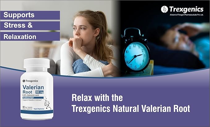 Trexgenics Valerian Root 500 mg 0.8% Valerenic Acid Stress, Calmness & Relaxation Support (60 Vegan Capsules) (Pack of 1)