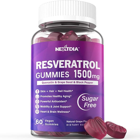 Resveratrol Gummies 1500mg - Resveratrol Supplement with Quercetin, Grape Seed, Red Wine, Black Pepper Extracts Support Antioxidant, Healthy Aging & Brain Wellness - Vegan, Natural Grape Flavor, 60Ct