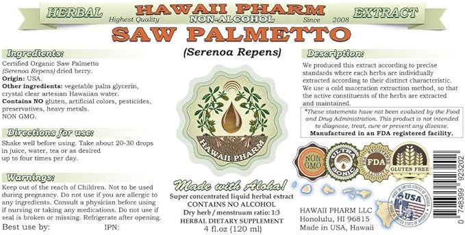 Hawaii Pharm Saw Palmetto Alcohol-Free Liquid Extract, Organic Saw Palmetto (Serenoa Repens) Dried Berry Glycerite Natural Herbal Supplement, USA 4 fl.oz