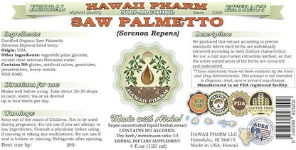 Hawaii Pharm Saw Palmetto Alcohol-Free Liquid Extract, Organic Saw Palmetto (Serenoa Repens) Dried Berry Glycerite Natural Herbal Supplement, USA 4 fl.oz