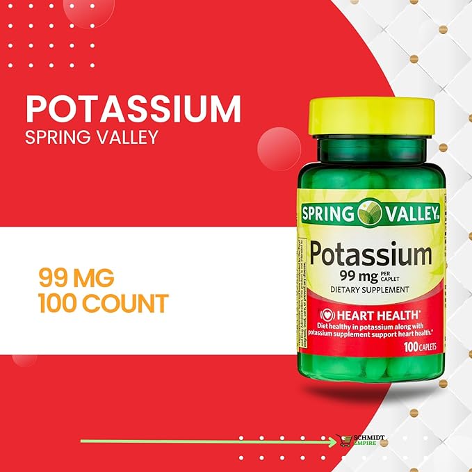 Spring Valley Potassium Heart Health Dietary Supplement Caplets, 99 mg, 100 Count + (Schmidt Empire Sticker) Potassium Cardiac, Nerve and Muscle Function (Pack of 1)