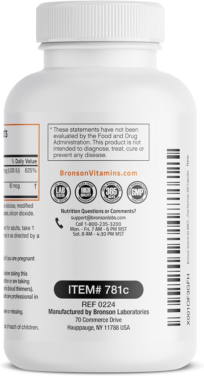 Bronson Vitamin K2 (MK7) with D3 Supplement Bone and Heart Health Non-GMO Formula 5000 IU Vitamin D3 & 90 mcg Vitamin K2 MK-7 Easy to Swallow Vitamin D & K Complex, 250 Capsules