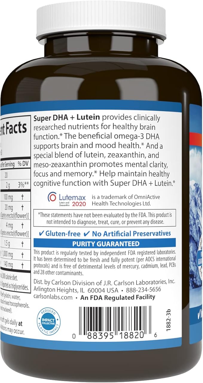 Carlson - Super DHA Plus Lutein, 1000 mg DHA + 20 mg Lutein, 120 Softgels