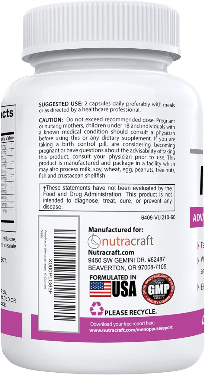 MenoMax #1 Menopause Relief Supplement | Black Cohosh, Dong Quai, Vitex Agnus, Red Clover, Sage, Soy and Wild Yam | Natural Support for Hot Flashes, Night Sweats, Dryness and Mood Swings | 60 Capsules