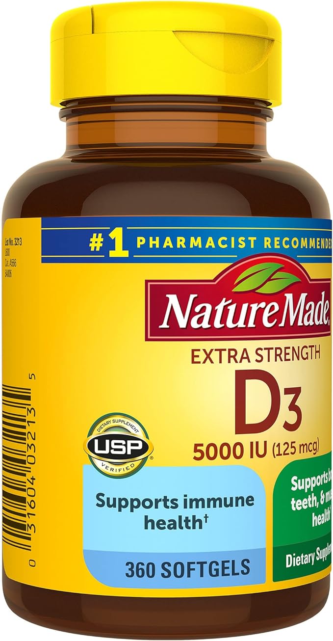 Nature Made Extra Strength Vitamin D3 5000 IU (125 mcg), Dietary Supplement for Bone, Teeth, Muscle and Immune Health Support, 360 Softgels, 360 Day Supply