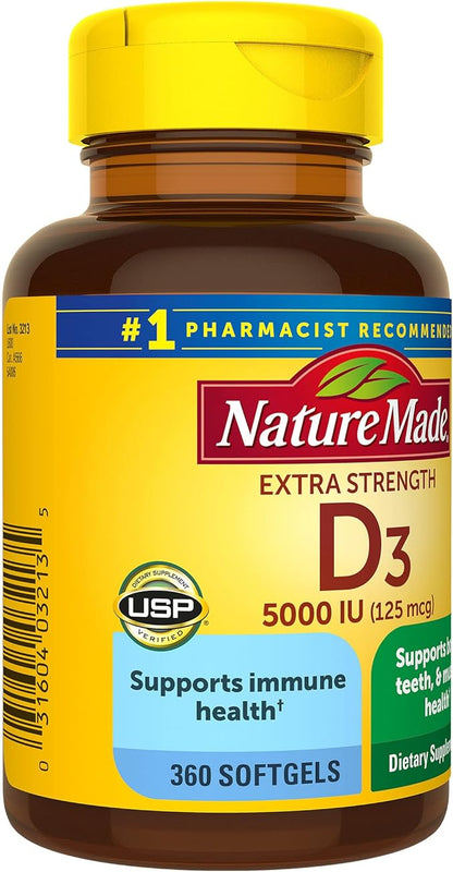 Nature Made Extra Strength Vitamin D3 5000 IU (125 mcg), Dietary Supplement for Bone, Teeth, Muscle and Immune Health Support, 360 Softgels, 360 Day Supply