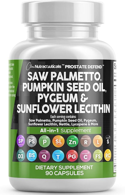 Clean Nutraceuticals Saw Palmetto 10000mg Pumpkin Seed Oil 3000mg Pygeum 3000mg Sunflower Lecithin 3000mg Stinging Nettle Cranberry - Prostate Supplements for Men with Lycopene - 90 Caps