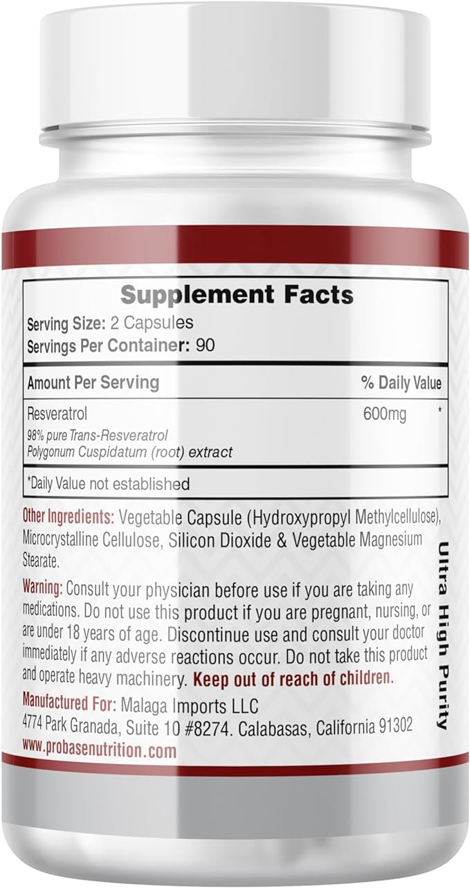 Ultra High Purity Resveratrol Capsules - 98% Trans-Resveratrol - Highly Purified and Bioavailable - 180 Caps Resveratrol Supplement