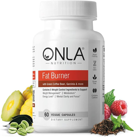 ONLA Vegan Fat Burner Pills - 5-in-1 Natural Weight Loss and Appetite Suppressant - Green Coffee Bean, Green Tea, Garcinia Cambogia, Raspberry Ketone - Fast Burning Weight Loss Pills (60 Cap)