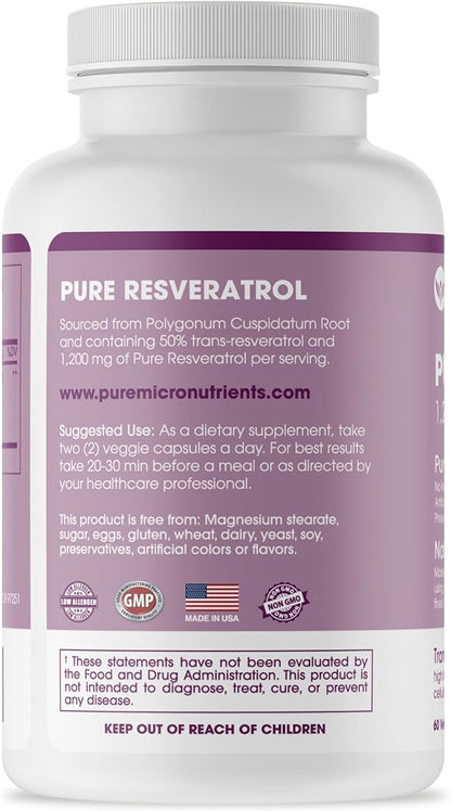 Pure Micronutrients - Pure Resveratrol Supplement - Extra Strength 1200mg Trans-Resveratrol - for Anti Aging, Heart & Immune Health - 60 Vegan Capsules