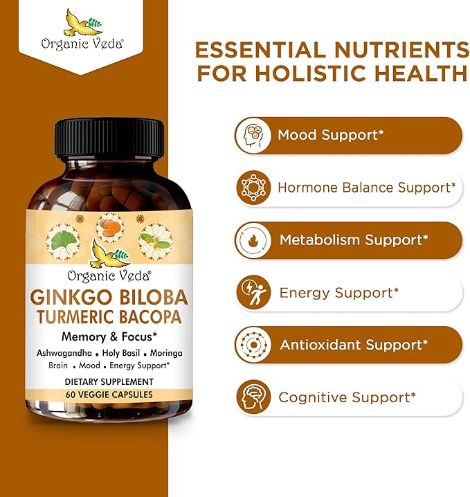 Organic Veda Ginkgo Biloba Turmeric Bacopa Brain Supplements for Memory & Focus - Ginkgo Biloba Brain Booster Supplement with Ashwagandha, Holy Basil, Moringa - Improves Energy Level - 60 Capsules