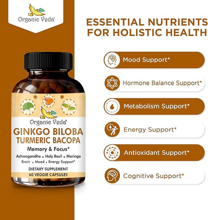 Organic Veda Ginkgo Biloba Turmeric Bacopa Brain Supplements for Memory & Focus - Ginkgo Biloba Brain Booster Supplement with Ashwagandha, Holy Basil, Moringa - Improves Energy Level - 60 Capsules