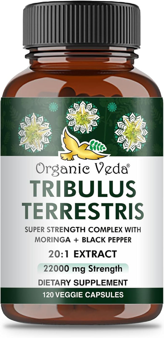 Organic Veda Tribulus Terrestris Extract Capsules for Men, 22000mg - Tribulus Terrestris Super Strength with Moringa & Black Pepper - Boost Energy, Stamina & Performance - Vegan, Non-GMO - 120 Count