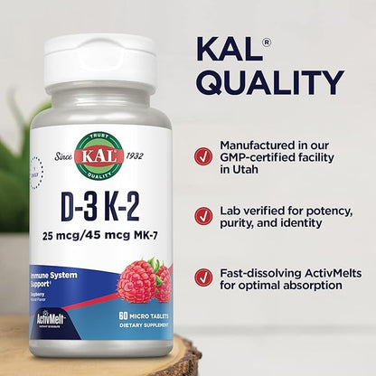 Kal 1000 Iu D-3 & K2 Tablets, Raspberry, 60 Count (Pack of 1)