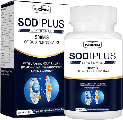 Superoxide Dismutase Supplement 500mg - SOD Plus with liposomal glutathione, AKG, Green Tea Extract, L-Arginine, Lysine, Resveratrol and Vitamin E for Immune Support, Antioxidant 60 Capsules